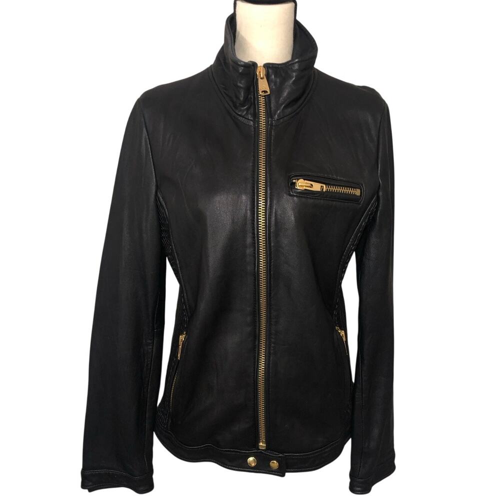 Via Spiga Lambskin Moto Jacket Black Gold Hardware Smocked Sides Size L Biker